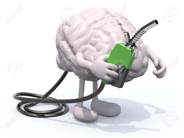 human brain with arms, legs and fuel pump in hand, 3d illustration