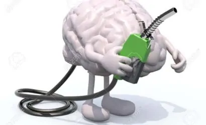 Human brain with arms, legs and fuel pump in hand, 3d illustration